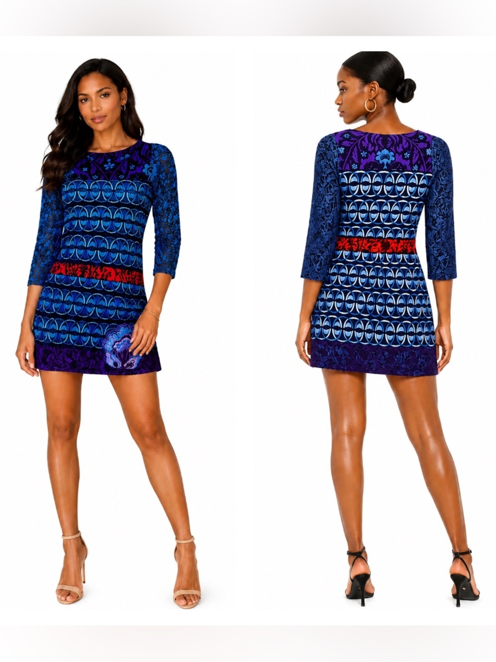 Desigual Blue and Red Patterned Three-Quarter Sleeve Mini Dress M